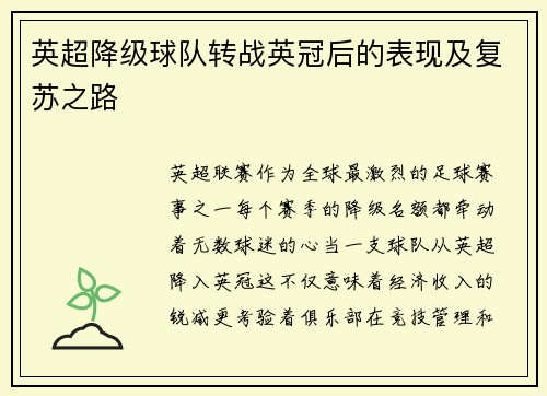 英超降级球队转战英冠后的表现及复苏之路