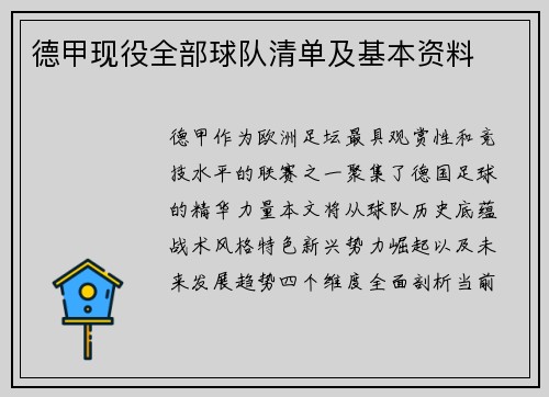 德甲现役全部球队清单及基本资料